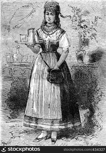 Foedora grows into a beautiful girl, vintage engraved illustration. Journal des Voyages, Travel Journal, (1879-80).