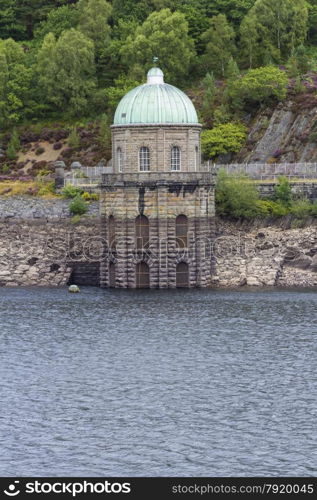 Foel Tower is the intake of the Garreg-ddu Reservoir, water starts its 73 mile journey to Birmingham. Elan Valley, Powys, Wales, United Kingdom, Europe.