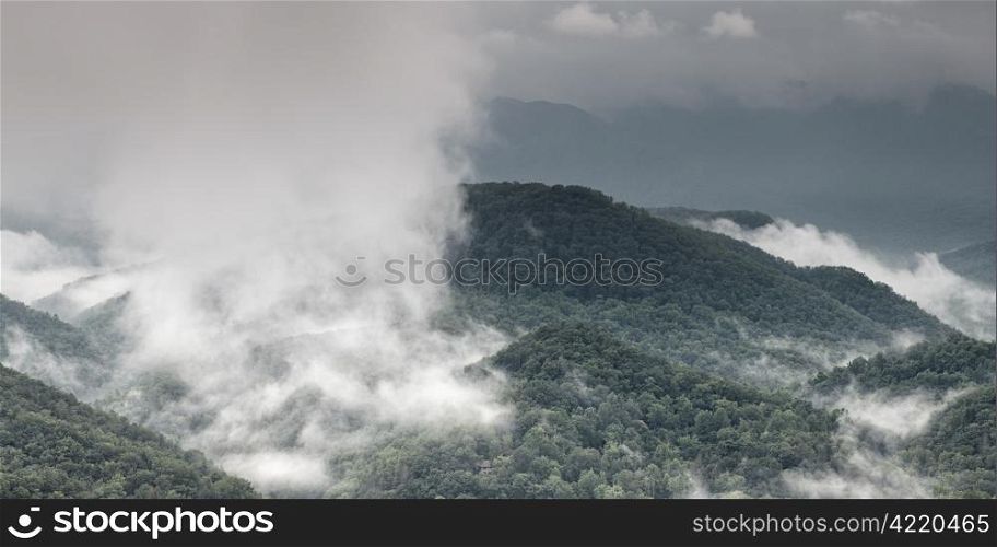 fog and cloud mountain valley landscape. Great Smoky Mountain National Park, Tennessee, USA