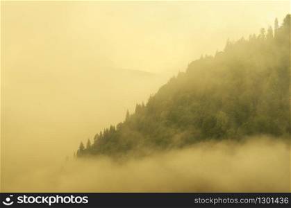 Fog and mountain morning landscape. Aerial nature composition.