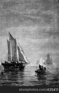 Fog in the bay of New York, vintage engraved illustration. Journal des Voyages, Travel Journal, (1879-80).