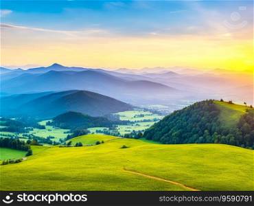 Fog in the valley during sunrise, Valtellina, Lombardy, Italy, Europe