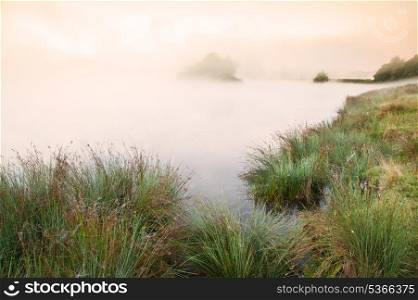 Fog mist landscpae over lake in Autumn Fall with vibrant colors