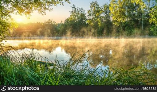 Fog on river in the forest at sunny morning