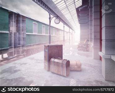 fog on the retro railway train station .3D concept