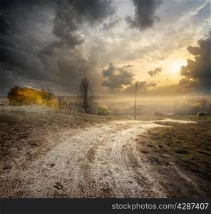 Fog over country road in the autumn