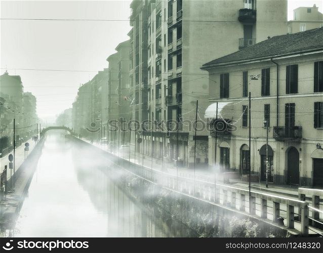 fog over the canal, fog over the river in city