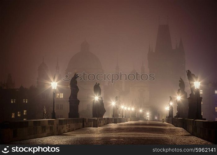 foggy Charles Bridge before dawn, Prague, Czech Republic