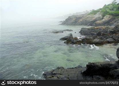 Foggy coast of Atlantic ocean in Maine, USA