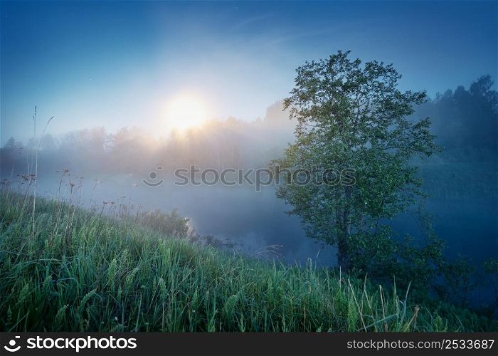 Foggy moonrise over the Nerl river, Russia