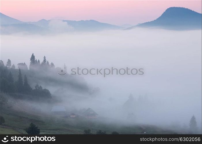 Foggy morning landscape of Carpathian mountains, Ukraine