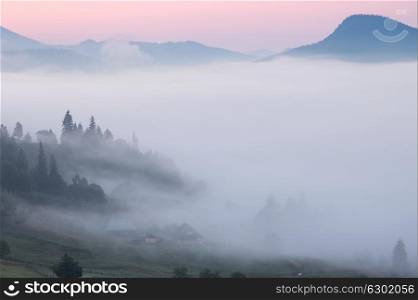 Foggy morning landscape of Carpathian mountains, Ukraine