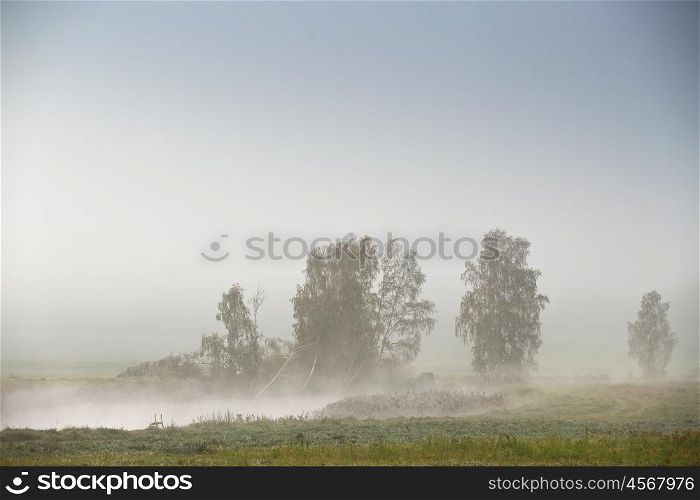 Foggy morning on the river in Belarus