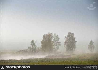 Foggy morning on the river in Belarus
