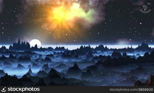 Foggy mountain landscape of a fantastic planet. In the night sky bright stars and bright big nebula. Because of the horizon slowly there ascends the bright white moon and shines a mountain landscape.