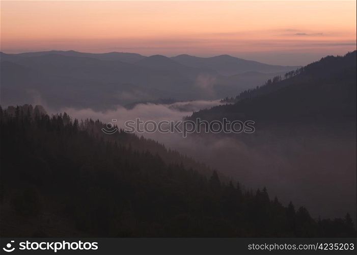 Foggy mountain valley at sunrise. Great Smoky Mountains, Tennessee, USA