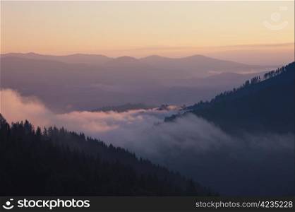 Foggy mountain valley sunrise. Great Smoky Mountain National Park, Tennessee, USA