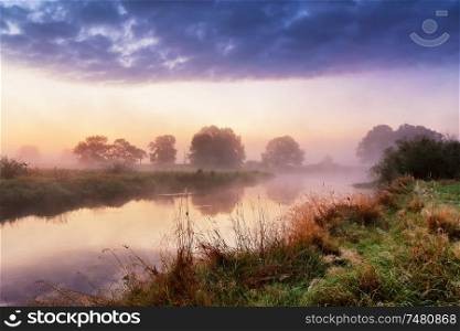 foggy river with fresh green grass at the sunrise. Dramatic colorful scenery. Dawn on a riverbank. Misty morning on a river.