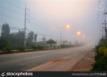 foggy road in the morning / street mist with cars in the fog with light street lamp