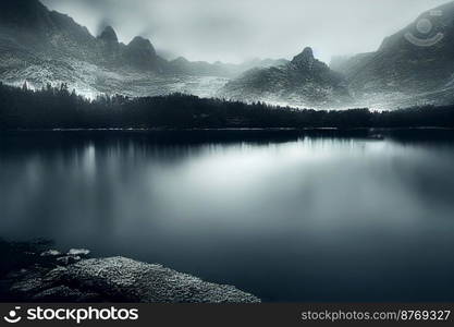 Foggy strong mountain with beautiful lake 3d illustrated