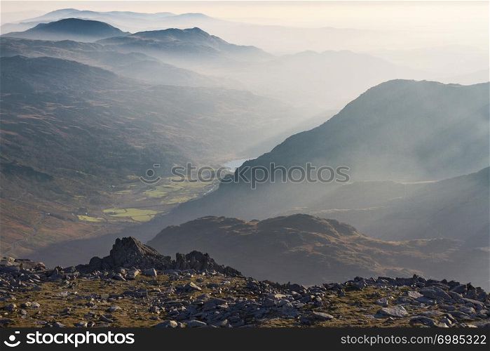 Foggy Valley with mountains in Snowdonia,Wales