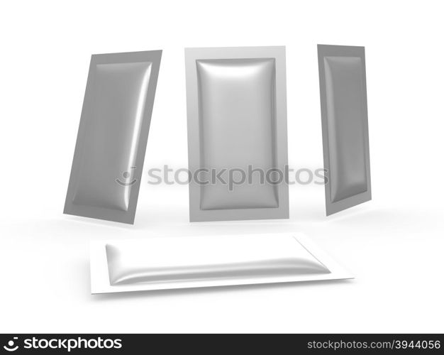 foil blank heat sealed packet with clipping path. Packing or wrapper for sweet, snack, milk bar, coffee, salt, sugar, medicine drug, cooling gel patch, condom, seed, or paper wipe, ready for your design or artwork