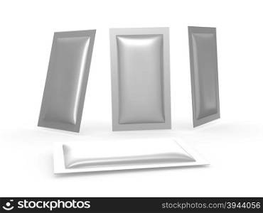 foil blank heat sealed packet with clipping path. Packing or wrapper for sweet, snack, milk bar, coffee, salt, sugar, medicine drug, cooling gel patch, condom, seed, or paper wipe, ready for your design or artwork