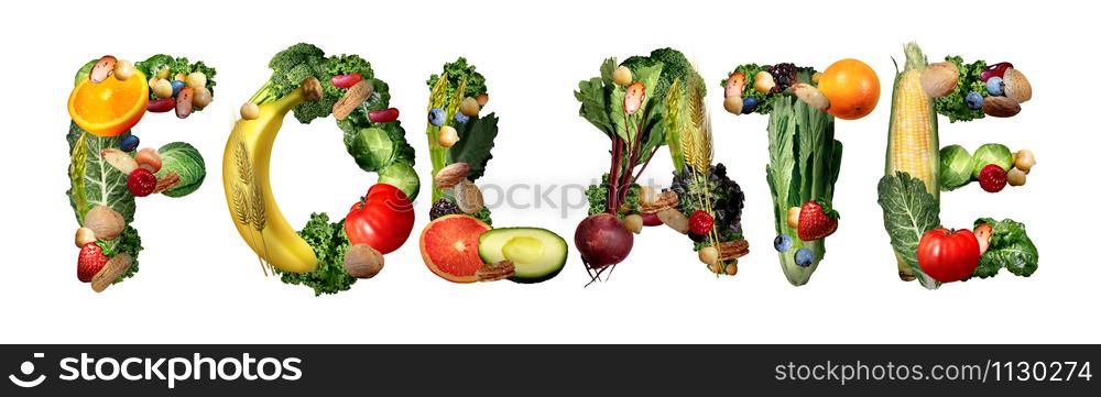 Folate vitamin B as a natural dietary supplement fo a healthy lifestyle or health benefits as green vegetables fruit nuts and beans shaped as text isolated on white with 3D illustration elements.