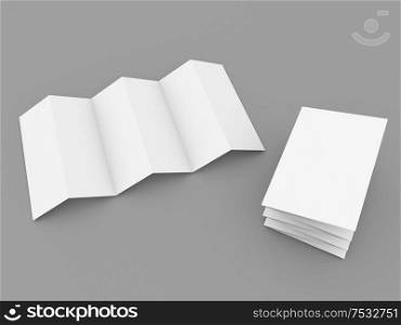 Foldable advertising flyer on a gray background. 3d render illustration.. Foldable advertising flyer on a gray background.