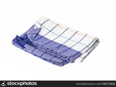 folded blue white linen towel on white background, top view