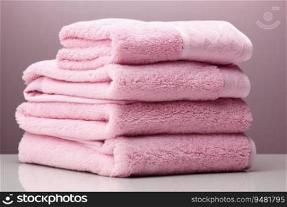 Folded pink towels on a pink background.