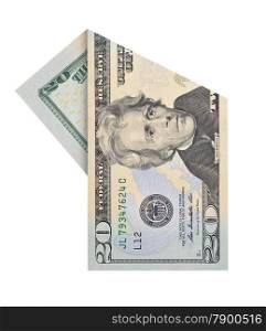 Folded twenty dollars bill isolated on white background