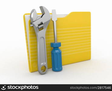 Folder and tools on white isolated background. 3d