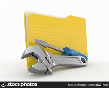 Folder and tools on white isolated background. 3d