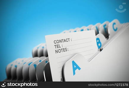 Folder tab organized alphabetically with focus on a contact note, blue background. Conceptual business image for illustration of customer file, client data management or address list.. Customer File Concept