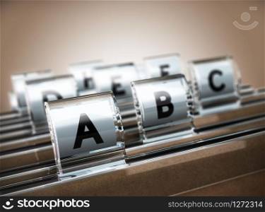 Folder tab organized alphabetically with focus on the A, beige background. Business concept image for illustration of customer data management or address list.. Alphabetical Index