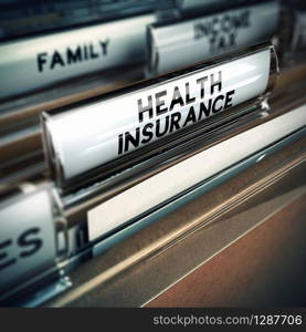 Folder with health insurance documents inside, concept of insured person. Focus on the text and blur effect.. Health Insurance Concept