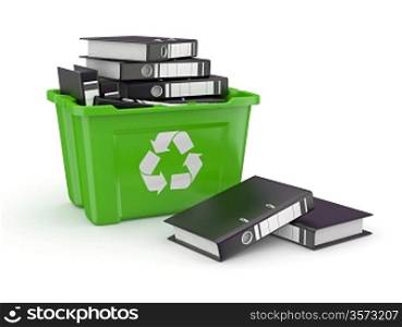 Folders in recycle bin on white background. 3d
