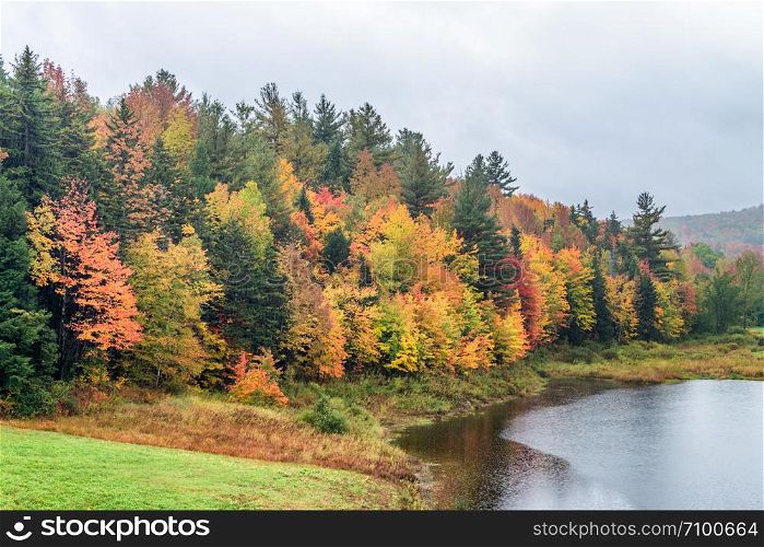 Foliage reflections in New England. Lake and trees.