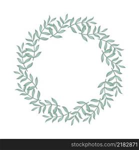 Foliate watercolor round wreath. Circular rim of greenery. Botanical twigs circular template for invitation or postcard. Foliate watercolor round wreath