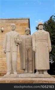 Folk class statues represent jurist peasant and military in Anitkabir, Ankara, Turkey