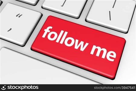 Follow me concept with sign and word on a red computer key for blog, website and online business.