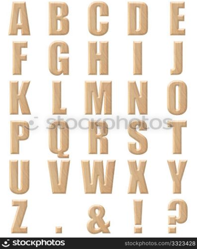 Font created with photograph of wooden texture over white. Capitals and punctuation.