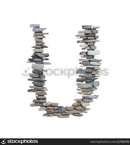 Font of U to create from stone wall isolated on white background with clipping paths.