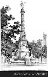 Fontaine du Palmier, Place du Chatelet, vintage engraved illustration. Paris - Auguste VITU ? 1890.
