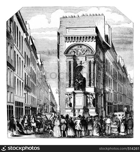 Fontaine Moliere at Richelieu, Paris, vintage engraved illustration. Magasin Pittoresque 1844.