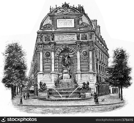 Fontaine Saint-Michel, vintage engraved illustration. Paris - Auguste VITU ? 1890.