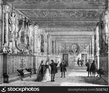 Fontainebleau castle, Inside view of the gallery of Francis I, vintage engraved illustration. Magasin Pittoresque 1843.