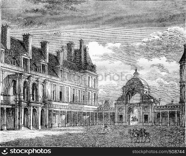 Fontainebleau castle, View of the courtyard Oval and Dauphine door, vintage engraved illustration. Magasin Pittoresque 1843.
