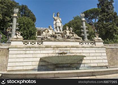 Fontana della Dea di Roma, Piazza del Popolo, Rome, Italy. Fontana della Dea di Roma, Piazza del Popolo, Rome, Italy. Monumental fountain composed of the Rome goddess in the middle, and the two rivers the Tiber and Aniene.